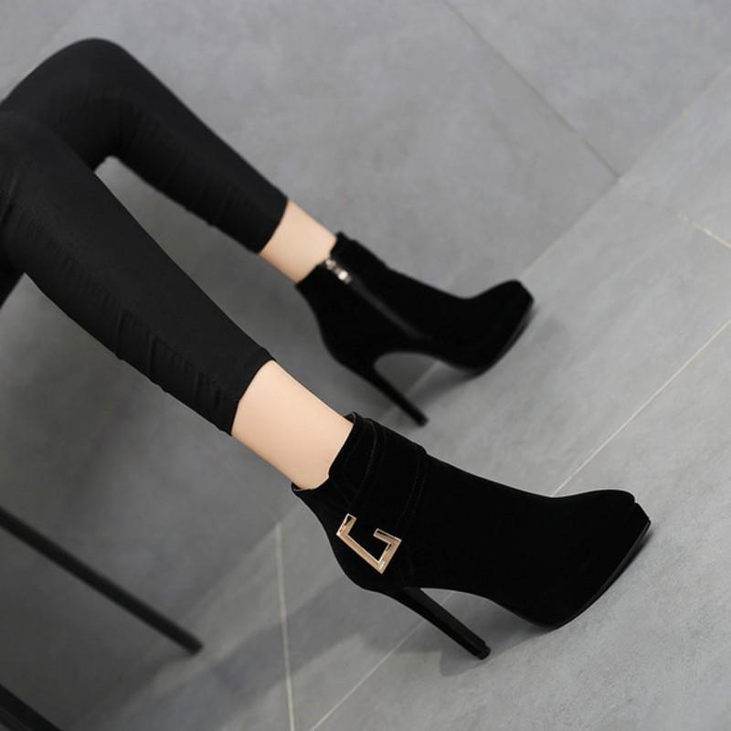 

New Fashion Autumn Scrub Buckle Women Ultra High Heels Platform Thick Heel Boots Women's Shoes, Black