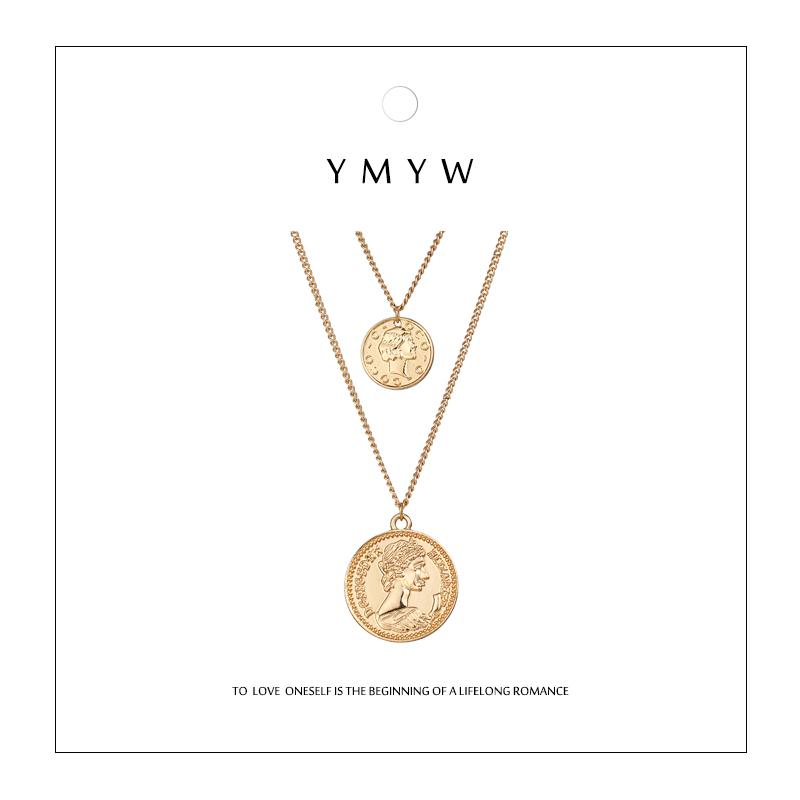 

YMYW Trendy Vintage Round Portrait Coin Double Layers Pendant Necklaces Gold Long Chain Metal Punk For Women Party Jewelry Gift