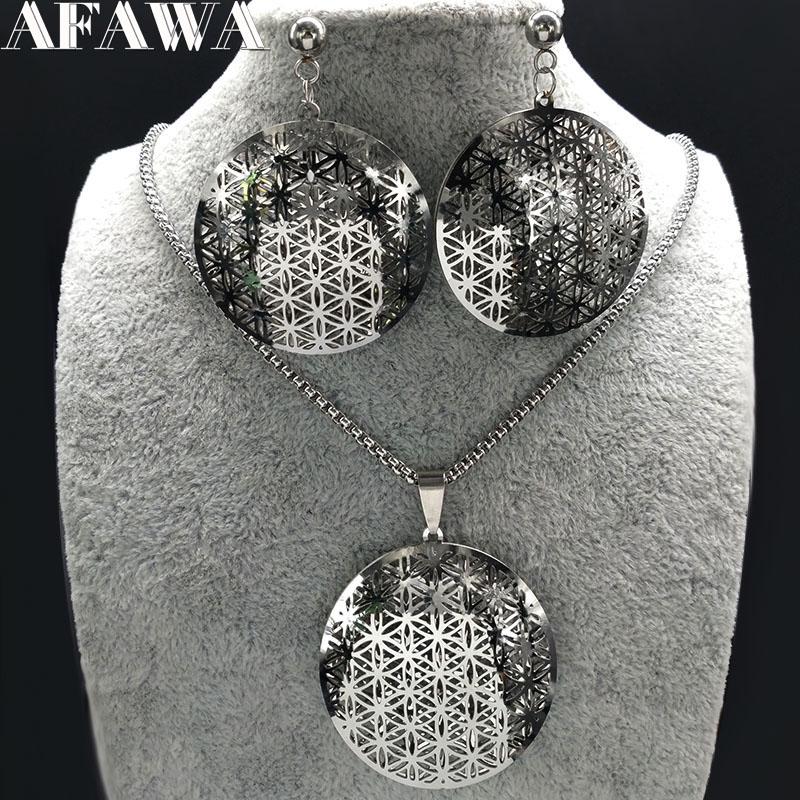 

2020 Fashion Round Stainless Steel Jewelry Set for Women Mandala Silver Color Earring Necklace Set Jewelry joias S178295, As pic