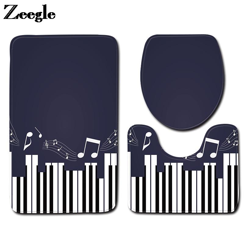 

Piano Printed Bath Mat in the Bathroom Flannel Toilet Seat Cover Mat Absorbent Foot Home Decoration Toilet Carpet Set