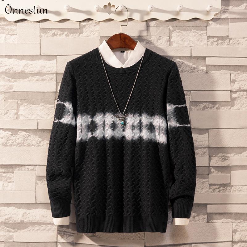 

Onnestun Sweater Men New Autumn Winter elasticity Men's Knitted Pullover Casual Harajuku Round neck Warm Jacquard sweaters Men, Black