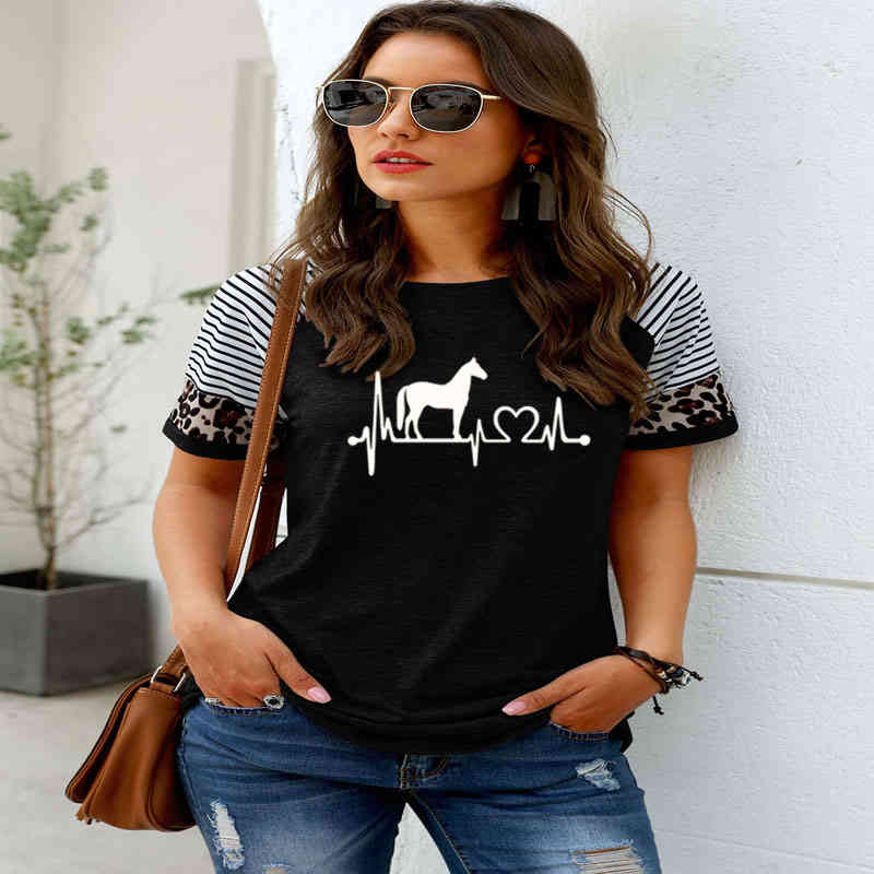 

Summer Fashion Tee Shirt Tops Horse Heartbeat Line Print T Shirt Women Short Sleeve O Neck Loose Women Ladies Clothing, White