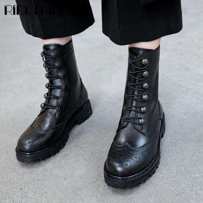 

RIBETRINI Female Mid Calf Black Shoes Fashion Round Toe Lace Up Chunky Women Boots Casual Daily Designer Boots1