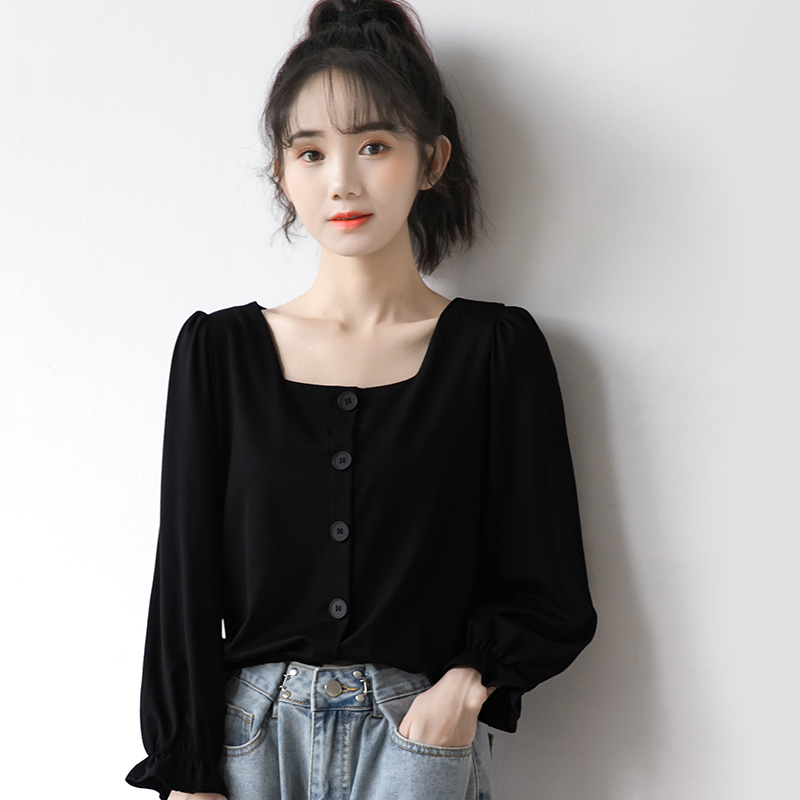 

2021 New Autumn Bubble Female Black Shirt Long Thin Students Short Turtleneck Square Top 7S8P