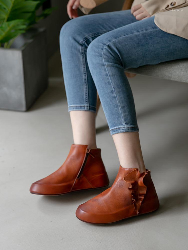 

Tayunxing New Genuine Cow Leather Female Flats Hidden Heel Ladies Shoes Side Zipper Comfort Ankle Women's Boots Z0011-1A1, Light tan