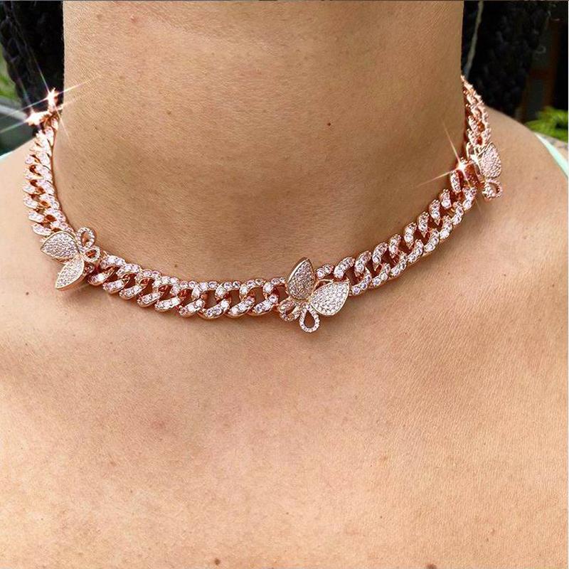 

new 10mm iced out bling cz Miami cuban link chain Butterfly charm choker cz Luxury Bling necklace women Hip Hop jewelry