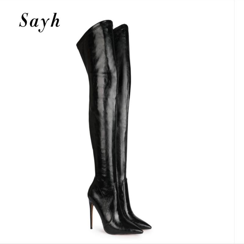 

Winter Woman High Heel Boot Over Knee High Boots Pointy Toe Thigh Boots Women's Winter Stretch Real Leather Shoes Big Size, Black