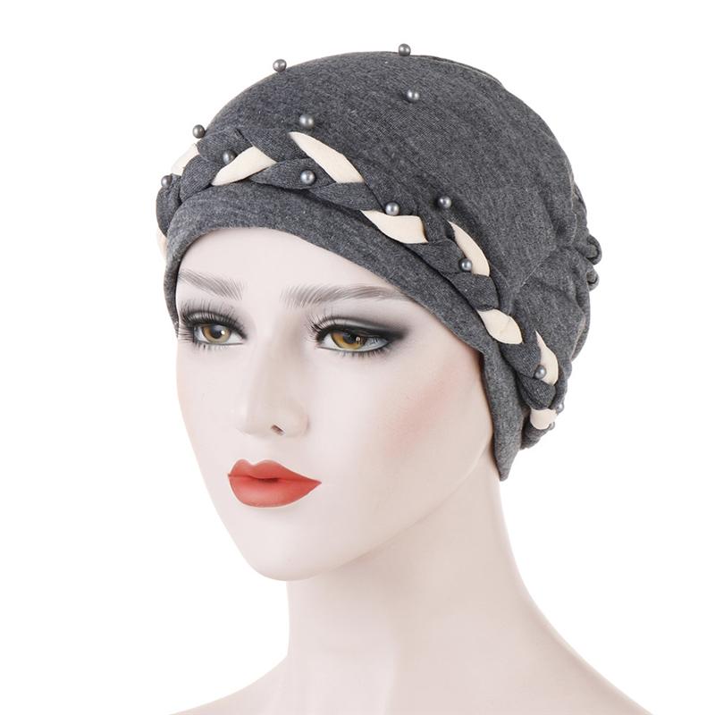 

Beanie/Skull Caps Casual Turbans For Women Pearls Bead Decor Femme Musulman Headscarf Turban Bonnet Single Braid Clothing Accessories, Black