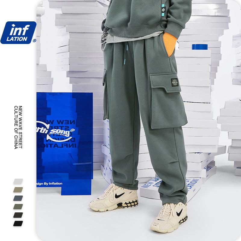 

INFLATION Loose Fit Men Sweatpants In Pure Color 2020 Autumn Winter Retro Warm Sweatpants Men Streetwear Casual Pants 3232W, Khaki