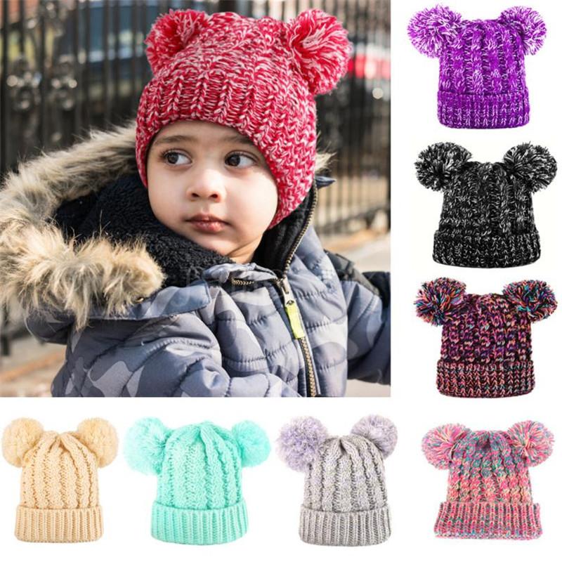 

Winter Knitting Hat Girl Lovely Double ball Knitted Cap Toddler Warm Skullies Caps Kid Crochet Pompom Beanie Outdoor Warm Hat DB028, Multi