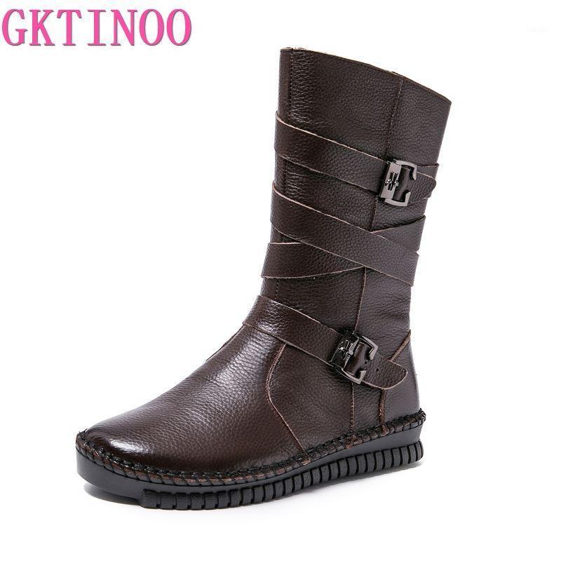 

GKTINOO 2020 Fashion Women Boots Autumn Winter Shoes Soft Bottom 100% Genuine Leather Flat Mid Calf Boots Women Casual Warm Boot1, 7228-1 brown