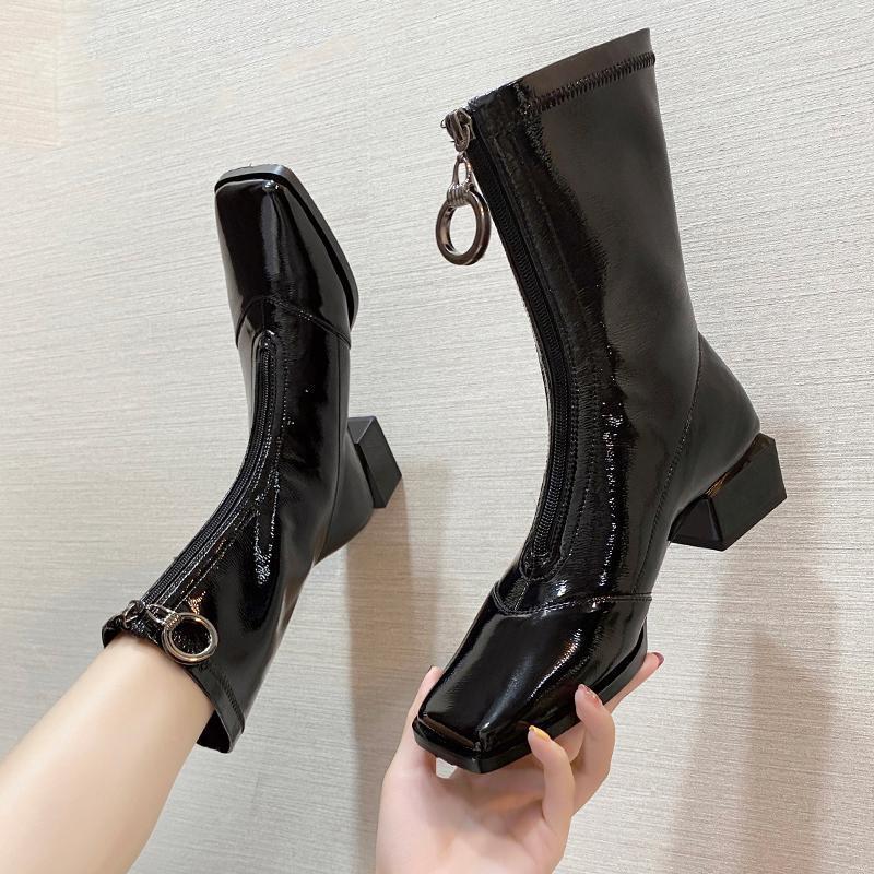 

Rock Shoes Woman Lady Boots Boots-Women Round Toe Winter Footwear Mid Calf Autumn Mid-Calf Rubber 2020 Low Hoof Heels1