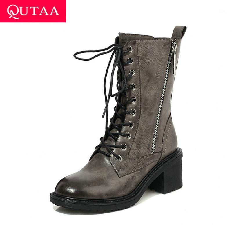 

QUTAA 2021 Round Toe PU Leather Ankle Boots Square High Heel Women Shoes Lace Up Zipper Autumn Winter Short Boots Size 34-401, Gray