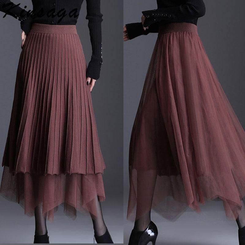

Women Reversible Long Pleated Mesh Knitted Skirt Autumn High Waist Maxi A-line Skirts Office Lady Warm Elegant Brown Skirt, Black