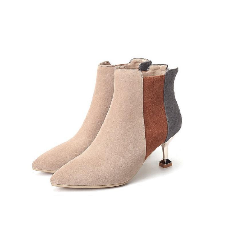 

2020 spring and autumn new women's low-heeled high-heeled boots stiletto pointed back zipper stitching suede color single boots, Beige