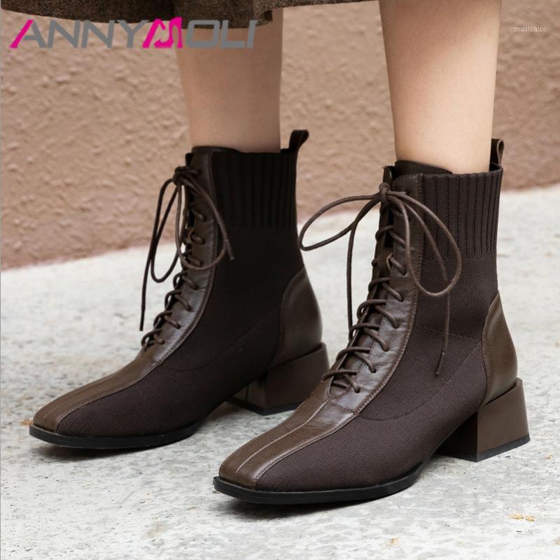 

ANNYMOLI Women Short Boots Shoes Genuine Leather Mid Heel Ankle Boots Square Toe Thick Heels Lace Up Ladies Brown Black 401, Brown synthetic lin
