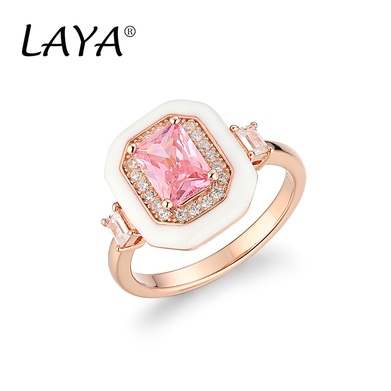 

Laya 925 Sterling Silver With Side Stones Fashion Style High Quality Zircon Created Crystal Glass White Enamel Square Ring For Women's Wedding Jewelry