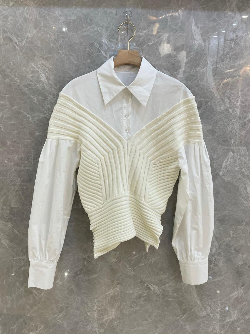

2021FW Autumn High Quality Women Knitted Patchwork Shirt Blouse Female Luxury Tops Tutu, White