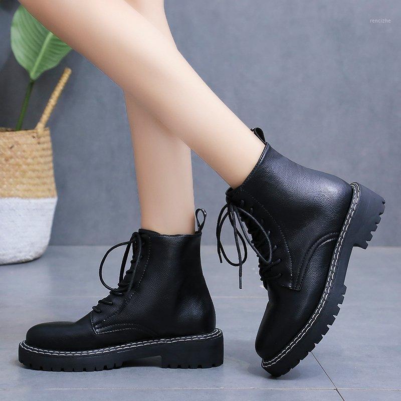 

Spring and autumn fashion women's boots side zipper round toe waterproof platform lace up British style short boots women FD-581, Black (lace-up)