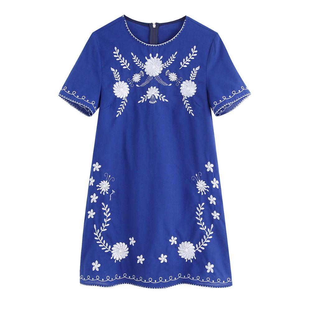 

2021 New Fancy Floral Vintage Embroidered Mini Girl Fashion the Neck Short Sleeve Come Back Dressed in Zipper Mujer Dress 27d8, Blue