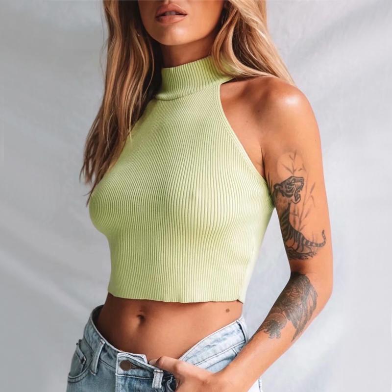 

Women Halter Neck Ribbed Trims Crop Top Knitted Tank, Black