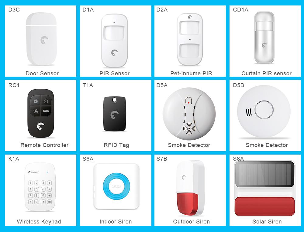 

Free shipping Etiger Alarm Sensor and Accessories Door window sensor PIR motion indoor outdoor Strobe Flash Siren