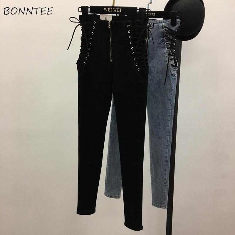 

Jeans Women Side Strap Large Size Solid Simple Womens All-match Skinny Ankle-length Zipper High Elasticity Slim Students Chic, 6133black