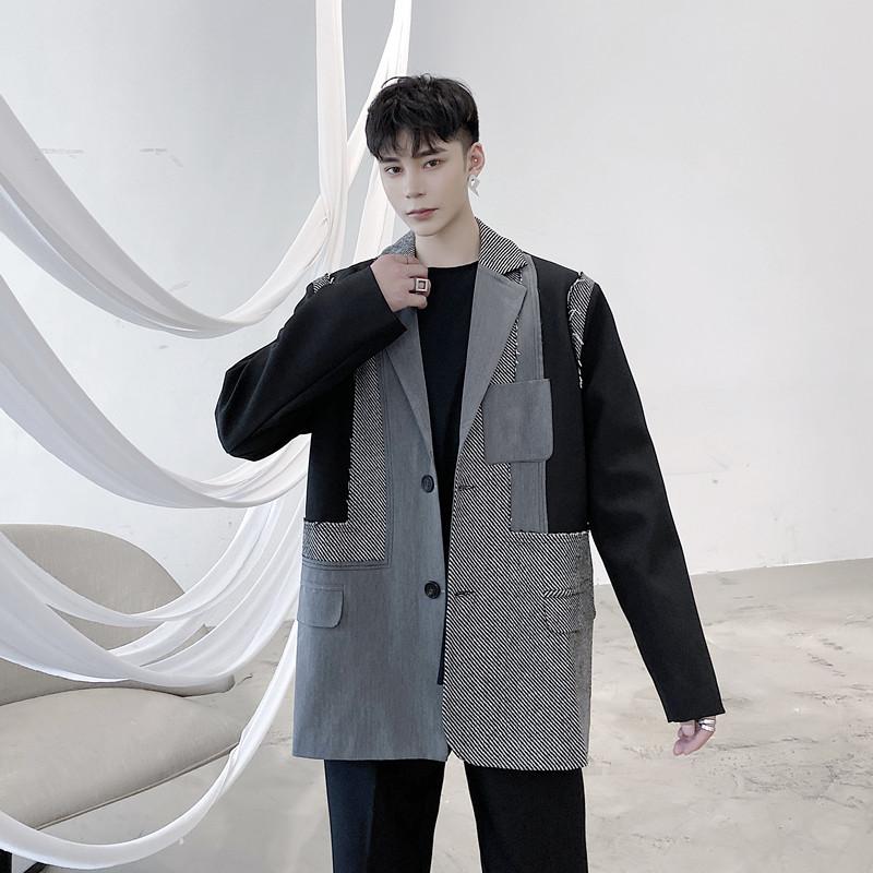 

Male Streetwear Hip Hop Suit Coat Stage Clothing Men Patch Plaid Casual Vintage Loose Casual Suit Blazers Jacket Outerwear, 682