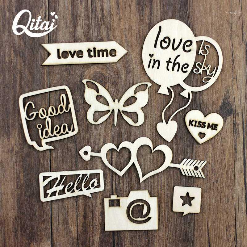 

QITAI 18Pcs/lot Wood Craft Lovely Shape Home Decoration DIY Scrapbooking Wooden Veneer wood Ornament Embellishments WF2941