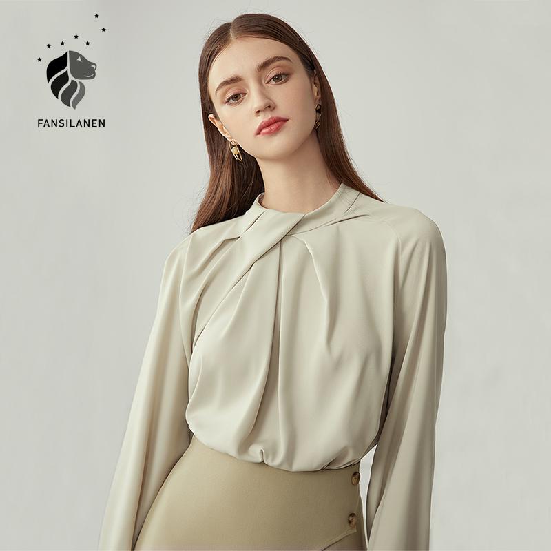 

FANSILANEN Office lady elegant chiffon blouse shirt Women long sleeve pleated green shirt top Female autumn vintage blouse 2020, Beige