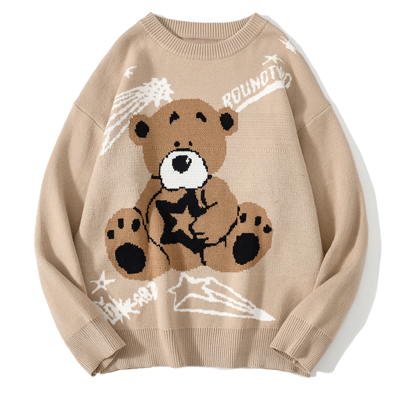 

2021 New Bear Print Knitted Autumn Harajuku Sweater Oversize Hip Hop Streetwear Cotton Pullover Loose Men Clothing Tops Xcig, Black