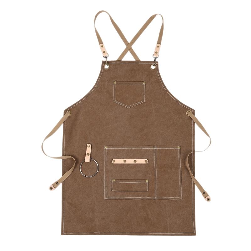 

HOT-BBQ Canvas Apron Bib Chef Kitchen Apron for Women Men Barista Bartender Pockets Home Barber Cook Coffee Restaurant-Khaki
