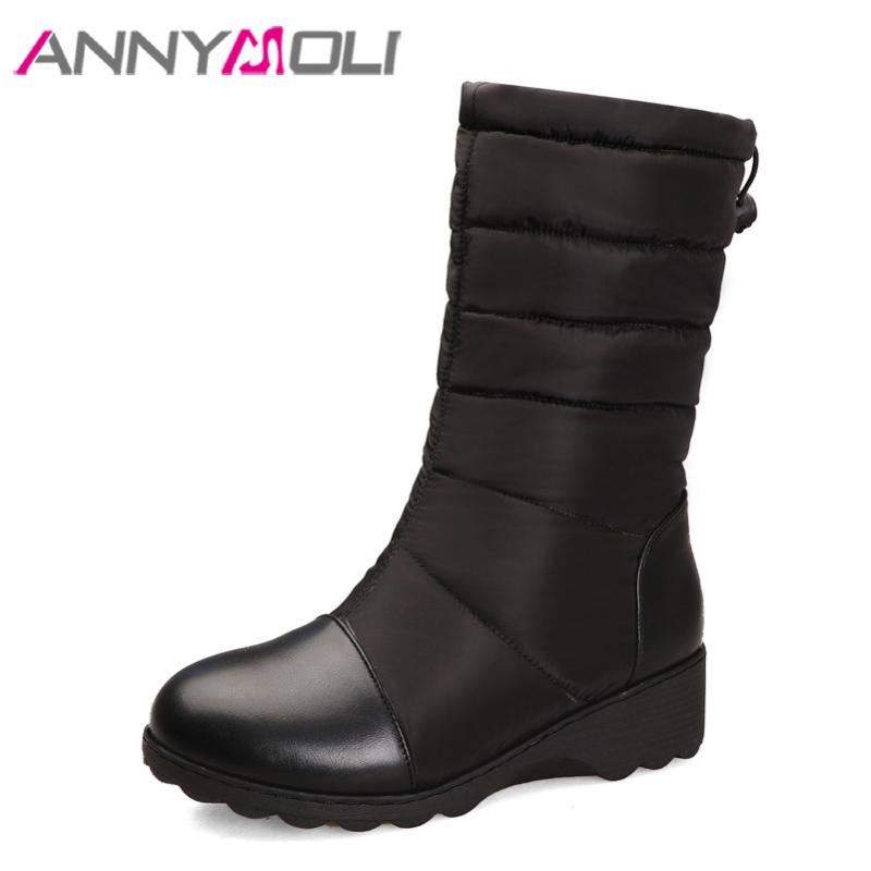 

ANNYMOLI Med Heel Snow Boots Woman Platform Thick Heel Mid Calf Boots Zip Round Toe Shoes Ladies Footwear Winter Black Size 43
