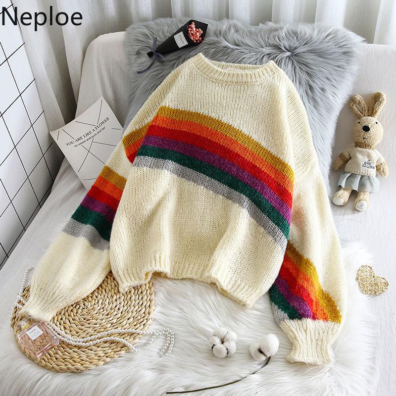 

Neploe Rainbow Striped Sweater Korean Women Clothes Oversized O-neck Long Sleeve Knitted Pullovers Fall Sueter Coat Outwear, Beige