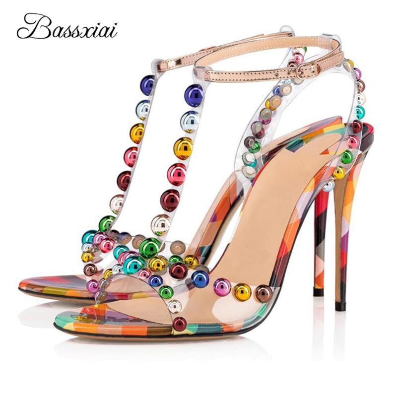 

Colorful Rivet Ball Sandals For Women Ladies Stiletto Heel Sexy Open Toe T-strap PVC Transparent Summer Girls Shoes, Blue