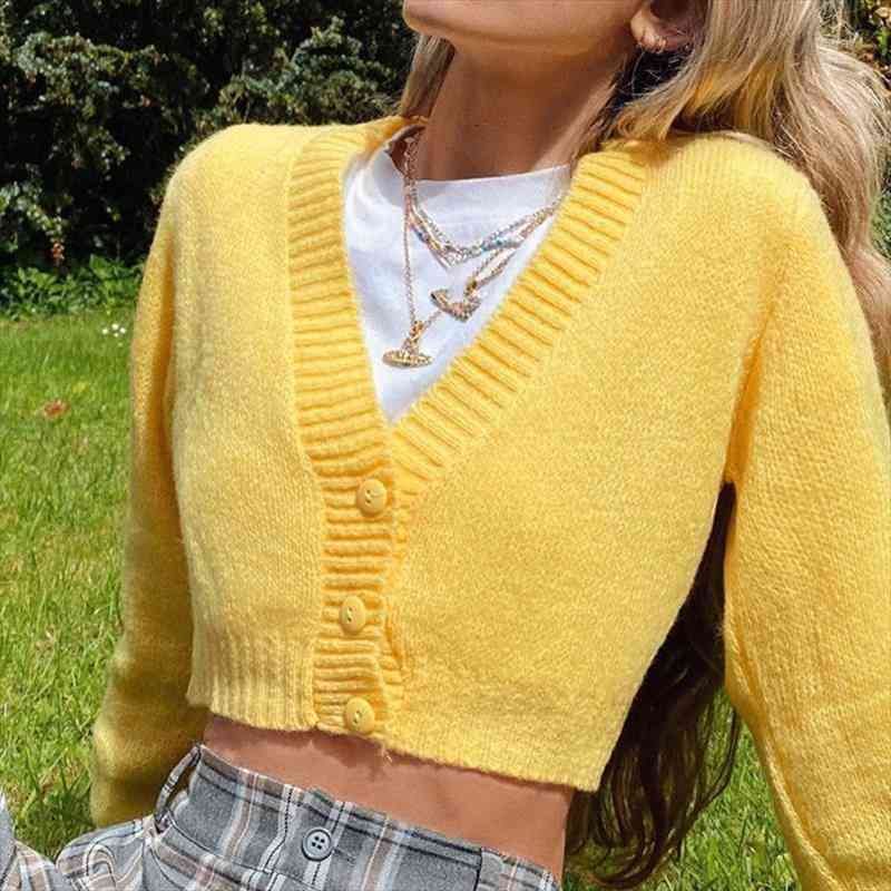 

Yellow Sweat Cute Knitted Cropped Cardigan Women Autumn Warm Sweater Ladies Fashion Buttons Long Sleeve Top Knitwear, White;black