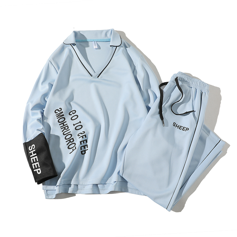 

2021 New Fashion Men's Sportswear V-neck Tracksuit Sweatshirt with Pants Letter Casual 2 Pieces Sets Men Patchwork Spring Hoodie 0916, Sky blue