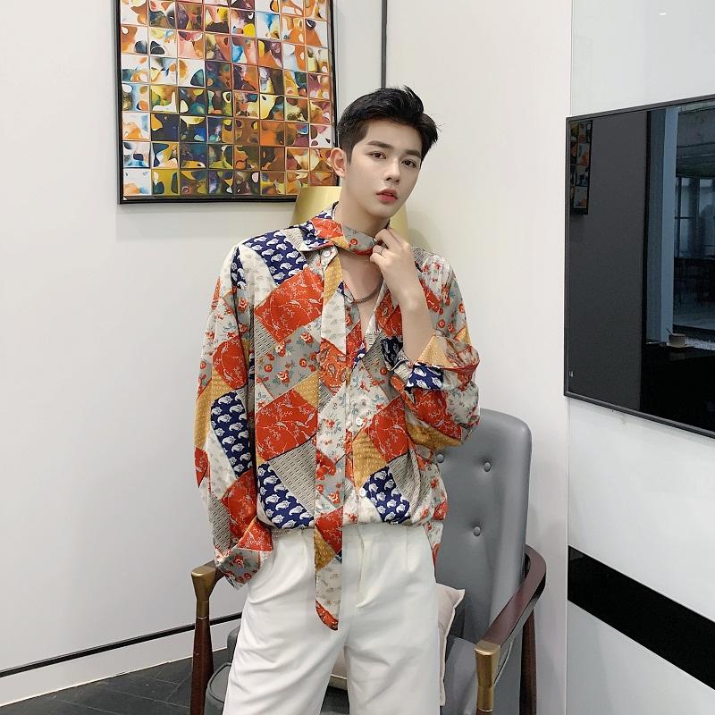 

Men Vintage Print Casual Loose Long Sleeve Shirts Male Tie Bow Fashion Show Retro Dress Shirts, 6905