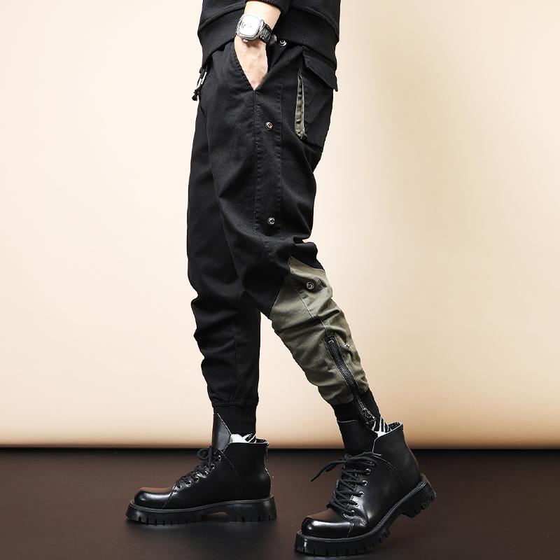 

Men Casual Pants Fashion Patchwork Contrast Joggers Streetwear Slim Black Drawstring Trousers