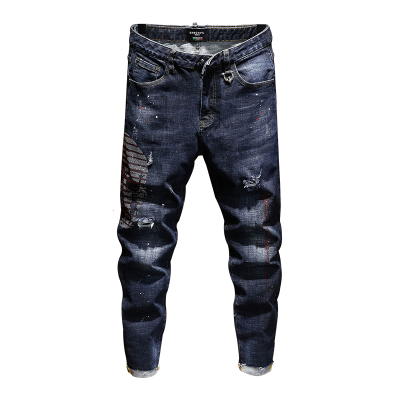 

2021 New Brem Ripped for Men Elastic Paint Thin Pants Hip Cotton Winter Blue Spring Gray 8MLY