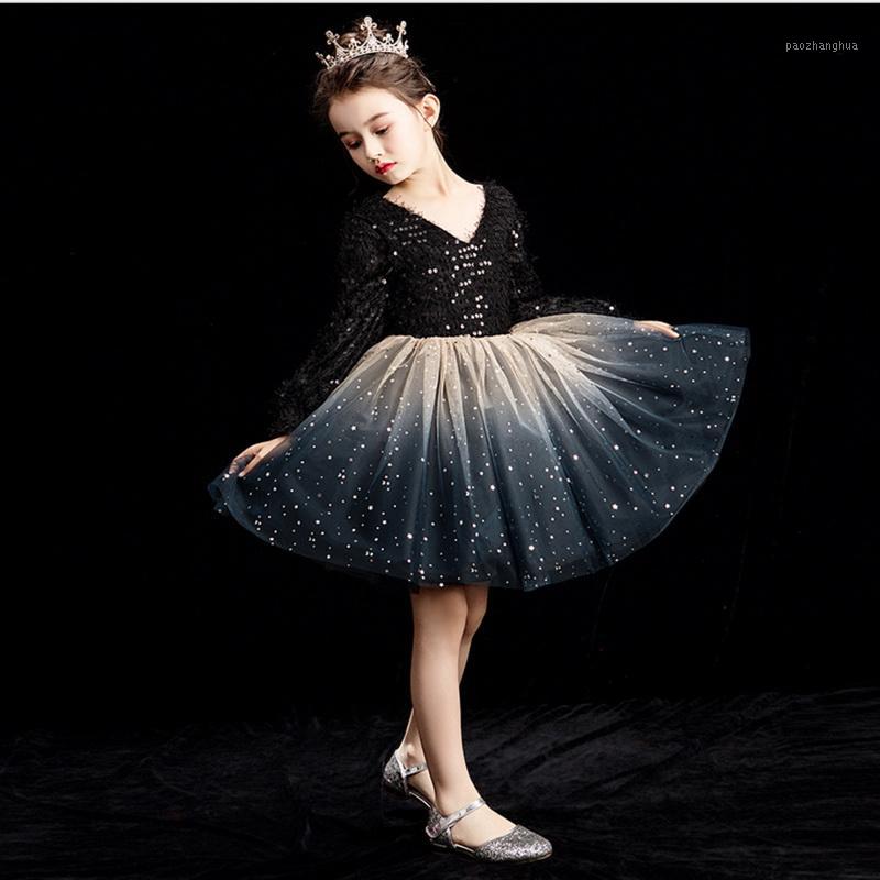 

Wholesale Girl Party Dress Kids Princess Dresses for Girls Full Sleeve Sequin Black Champagne Perform Dress Kids Clothes E924581