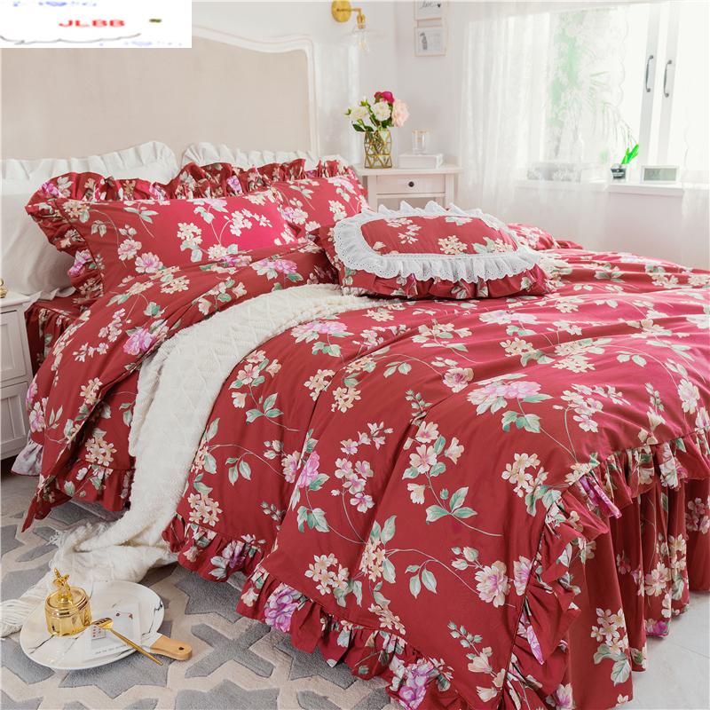 

Luxury Cotton flowers Bedding Set  Queen King size Bed set red Duvet Cover old furniture bed skirt pillowcase bedclothes, Style4