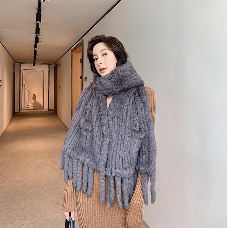 

YCFUR Real Fur Long Scarf Wrap for Women Knitted Fur Scarves Shawls Ladies Winter Warm Scarf Cape Female