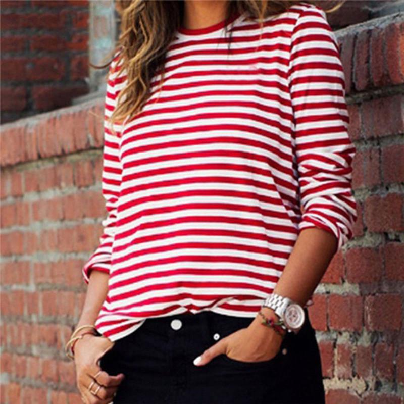 

Black Red Striped Hip Hop Loose Casual T-Shirt For Women Long Sleeve O-Neck Personality Female Sports Running T-Shirt Ladies Tee, As pic