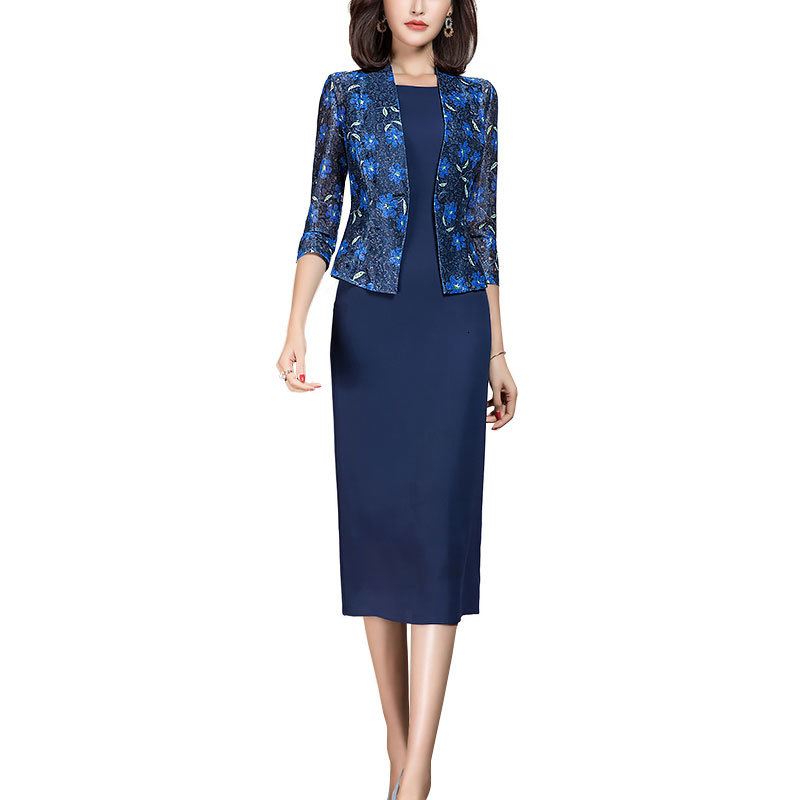 

Elegant Female Style 2 Pieces Blue Jacket and Dress Matching Outfits Zq9g, Royal blue.