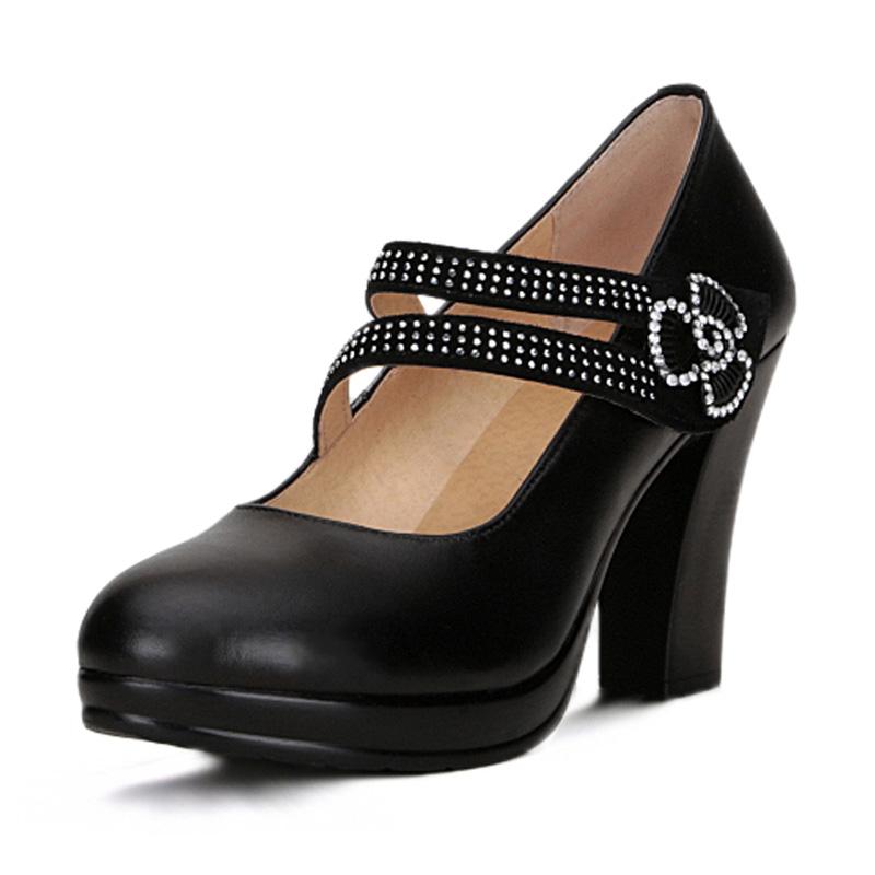 

2021 spring shallow mouth single shoes round head with high heels female waterproof platform rhinestone buckle work shoes, Black