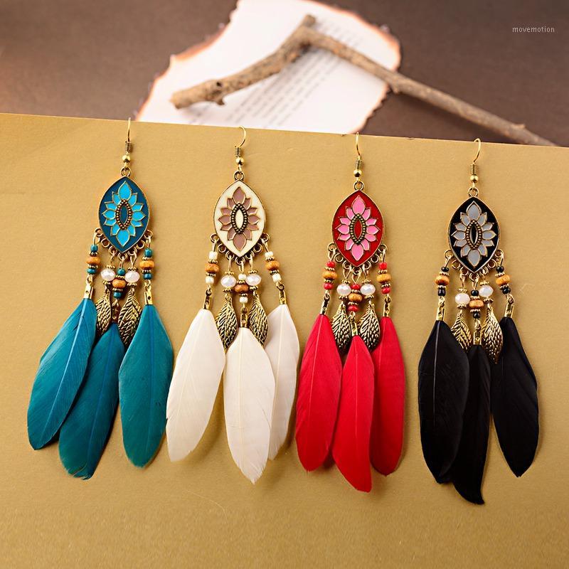

2020 Ethnic Lotus Metal Earrings For Women Tibetan Jewelry Vintage Boho Colorful Long Feather Earrings Beads Tassel1