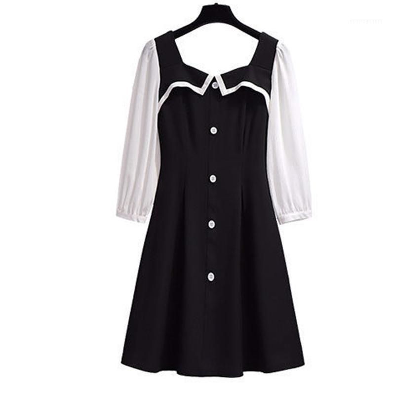 

Women's Spring Autumn Dress Women's Patchwork Button Up Half Sleeve Square Neck Loose Korean Elegant Dress 35031, Black