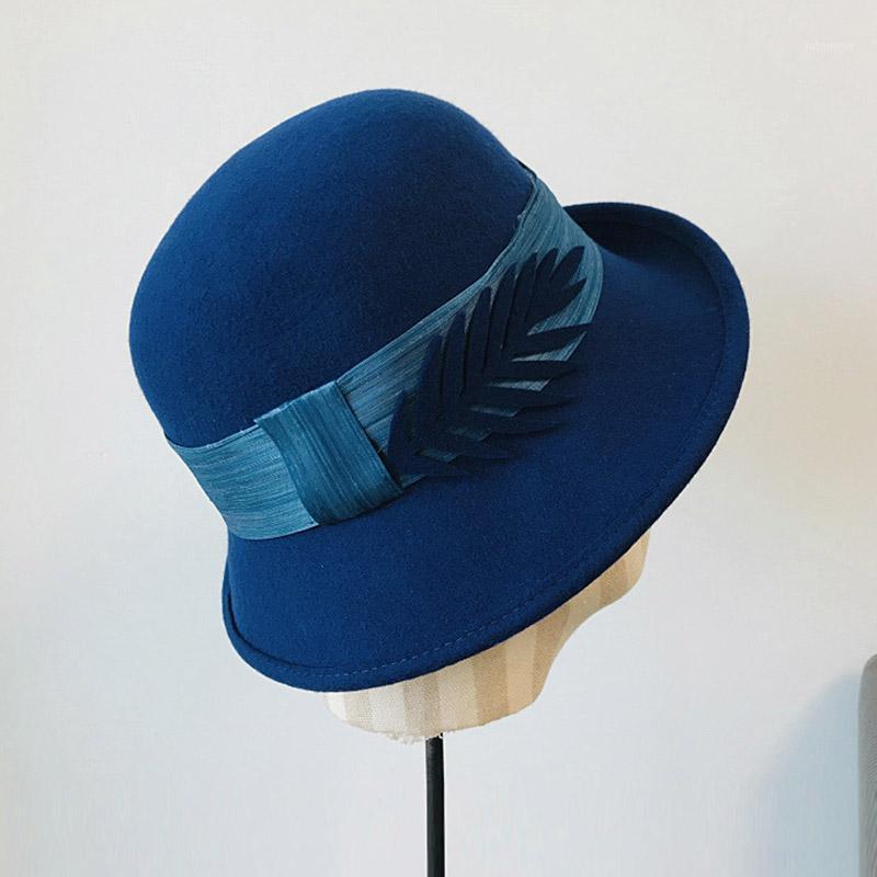

Elegant Ladies Winter Hats Round Fedora Hat for Women Upturn Brim Ribbon Leaf Retro Wool Hat Cloche Wedding Bowler1, Dark grey