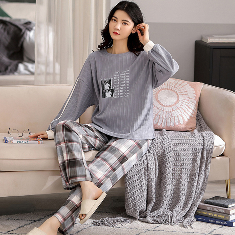 

2021 New Pyjamas Spring Printing Plus Size Female Sleepwear Neck Long Sleeve Cotton Casual Nightwear Ladies 4mbj, Style 2